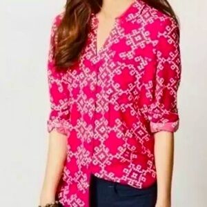 Maeve by Anthropologie Button Shirt Womens Sz 4 Pink Ivory Snowflake Print L/S
